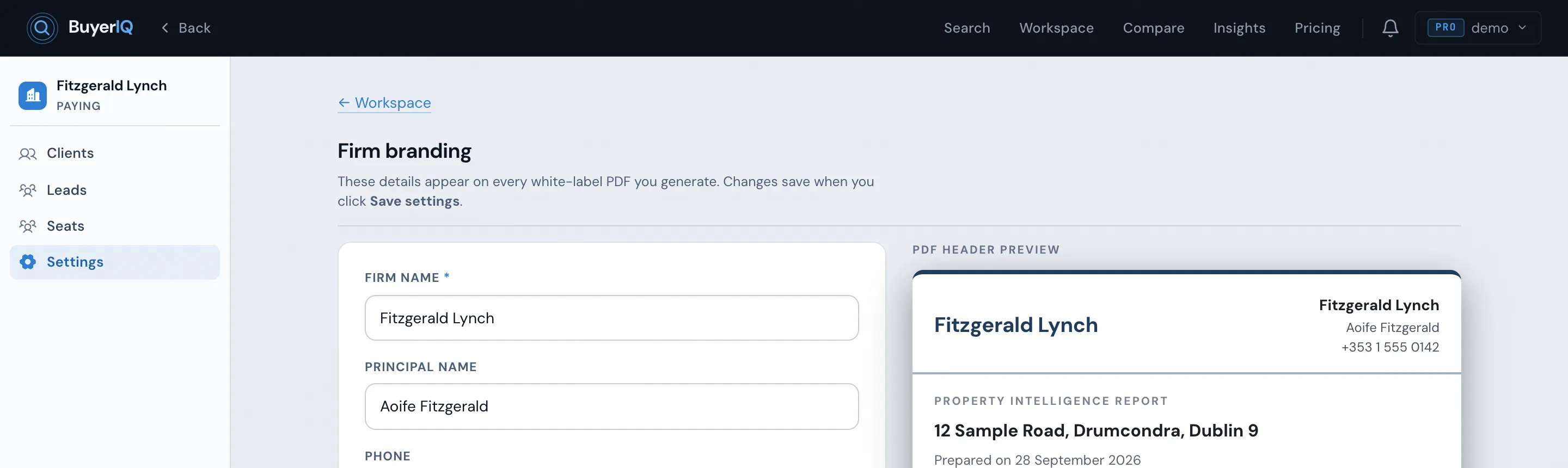 Workspace firm-branding settings: firm name, principal, phone and brand colour on the left, and a live preview of the PDF header the client receives on the right
